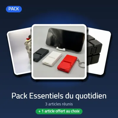 Visuel du pack Pack Essentiels du quotidien : 1 × cage briquet Bic Racines et Crâne, 1 × cube infini en abs, 1 × support de téléphone portable