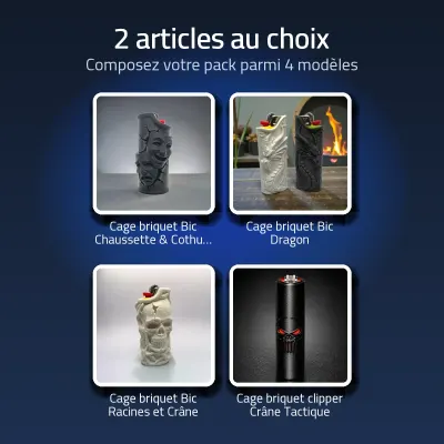 Image 2 : Visuel du pack Pack 2 cage briquet au chois, 2 articles au choix : cage briquet Bic Chaussette & Cothurne, cage briquet Bic Dragon, cage briquet Bic Racines et Crâne, Cage briquet clipper Crâne Tactique