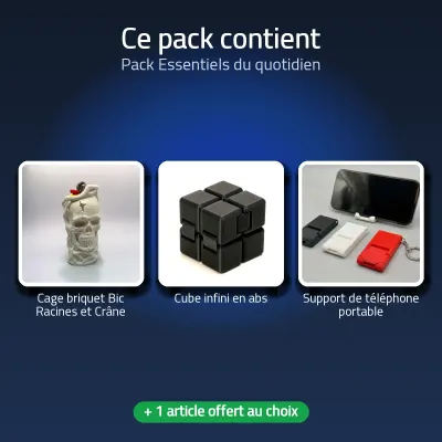Image 2 : Visuel du pack Pack Essentiels du quotidien, contenu : 1 × cage briquet Bic Racines et Crâne, 1 × cube infini en abs, 1 × support de téléphone portable